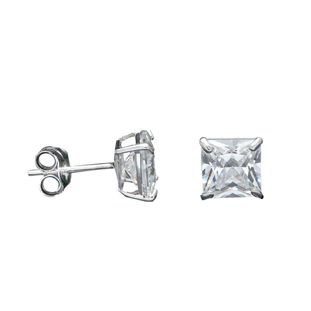 14K White Gold Cubic Zirconia Square CZ Stud Earrings in Basket Setting